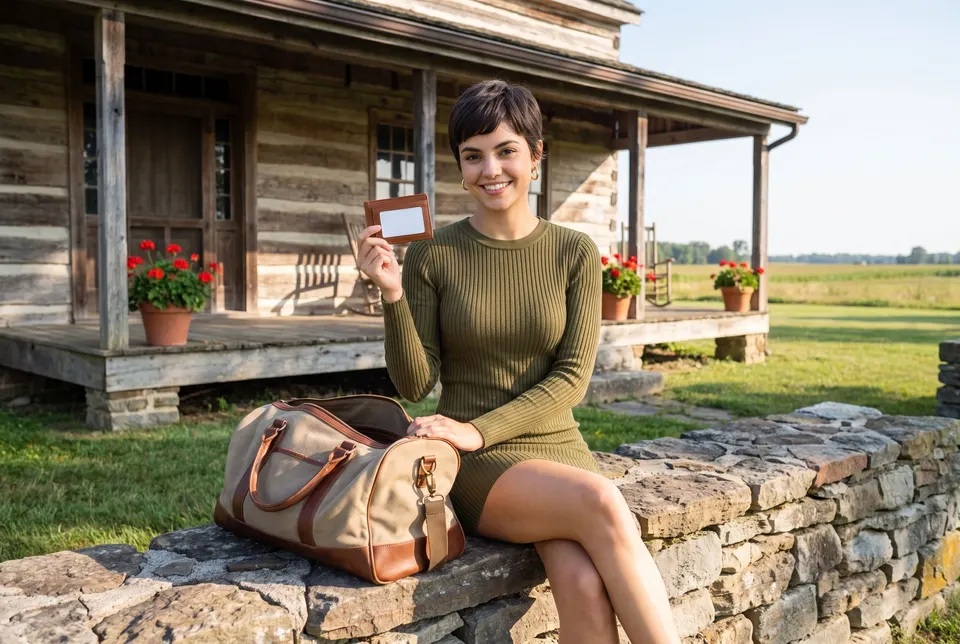 A young woman with a dark pixie cut, in an olive-green knit mini dress, sits on a fieldstone wall in front of an old farmhouse porch, a canvas weekend bag beside her, holding up a small leather wallet.