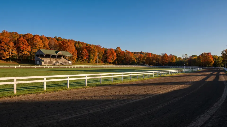 An empty harness-racing oval on a clear autumn morning with a white rail, green infield and an old wooden grandstand among orange maples.